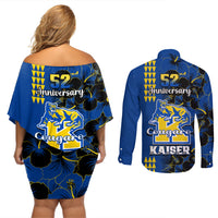 Hawaii Kaiser High School Couples Matching Off Shoulder Short Dress and Long Sleeve Button Shirts Kakau Mix Hibiscus Happy 52nd Anniversary - Wonder Print Shop