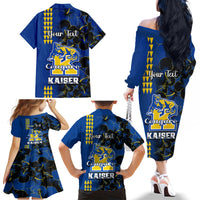 Personalised Hawaii Kaiser High School Family Matching Off Shoulder Long Sleeve Dress and Hawaiian Shirt Kakau Mix Hibiscus Happy 52nd Anniversary - Wonder Print Shop