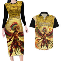 Mexico Panquetzaliztli Couples Matching Long Sleeve Bodycon Dress and Hawaiian Shirt Huitzilopochtli - Aztec God of Sun and War - Wonder Print Shop