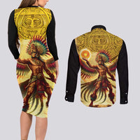 Mexico Panquetzaliztli Couples Matching Long Sleeve Bodycon Dress and Long Sleeve Button Shirt Huitzilopochtli - Aztec God of Sun and War - Wonder Print Shop