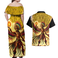 Mexico Panquetzaliztli Couples Matching Off Shoulder Maxi Dress and Hawaiian Shirt Huitzilopochtli - Aztec God of Sun and War - Wonder Print Shop