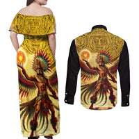 Mexico Panquetzaliztli Couples Matching Off Shoulder Maxi Dress and Long Sleeve Button Shirt Huitzilopochtli - Aztec God of Sun and War - Wonder Print Shop