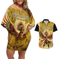 Mexico Panquetzaliztli Couples Matching Off Shoulder Short Dress and Hawaiian Shirt Huitzilopochtli - Aztec God of Sun and War - Wonder Print Shop