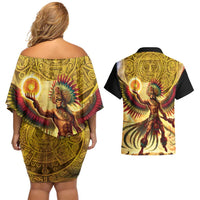 Mexico Panquetzaliztli Couples Matching Off Shoulder Short Dress and Hawaiian Shirt Huitzilopochtli - Aztec God of Sun and War - Wonder Print Shop