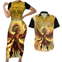 Mexico Panquetzaliztli Couples Matching Short Sleeve Bodycon Dress and Hawaiian Shirt Huitzilopochtli - Aztec God of Sun and War - Wonder Print Shop
