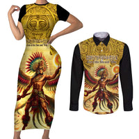 Mexico Panquetzaliztli Couples Matching Short Sleeve Bodycon Dress and Long Sleeve Button Shirt Huitzilopochtli - Aztec God of Sun and War - Wonder Print Shop