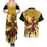 Mexico Panquetzaliztli Couples Matching Summer Maxi Dress and Hawaiian Shirt Huitzilopochtli - Aztec God of Sun and War - Wonder Print Shop