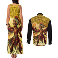 Mexico Panquetzaliztli Couples Matching Tank Maxi Dress and Long Sleeve Button Shirt Huitzilopochtli - Aztec God of Sun and War - Wonder Print Shop