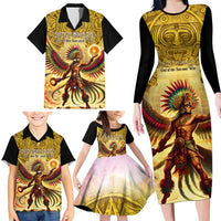 Mexico Panquetzaliztli Family Matching Long Sleeve Bodycon Dress and Hawaiian Shirt Huitzilopochtli - Aztec God of Sun and War - Wonder Print Shop