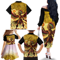Mexico Panquetzaliztli Family Matching Off The Shoulder Long Sleeve Dress and Hawaiian Shirt Huitzilopochtli - Aztec God of Sun and War - Wonder Print Shop