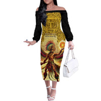 Mexico Panquetzaliztli Family Matching Off The Shoulder Long Sleeve Dress and Hawaiian Shirt Huitzilopochtli - Aztec God of Sun and War - Wonder Print Shop