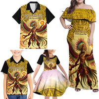 Mexico Panquetzaliztli Family Matching Off Shoulder Maxi Dress and Hawaiian Shirt Huitzilopochtli - Aztec God of Sun and War - Wonder Print Shop