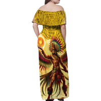 Mexico Panquetzaliztli Family Matching Off Shoulder Maxi Dress and Hawaiian Shirt Huitzilopochtli - Aztec God of Sun and War - Wonder Print Shop