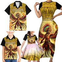 Mexico Panquetzaliztli Family Matching Short Sleeve Bodycon Dress and Hawaiian Shirt Huitzilopochtli - Aztec God of Sun and War - Wonder Print Shop