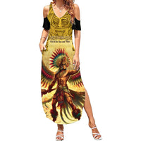 Mexico Panquetzaliztli Family Matching Summer Maxi Dress and Hawaiian Shirt Huitzilopochtli - Aztec God of Sun and War - Wonder Print Shop