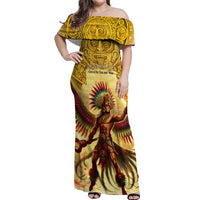 Mexico Panquetzaliztli Off Shoulder Maxi Dress Huitzilopochtli - Aztec God of Sun and War - Wonder Print Shop