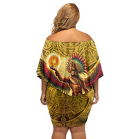 Mexico Panquetzaliztli Off Shoulder Short Dress Huitzilopochtli - Aztec God of Sun and War - Wonder Print Shop