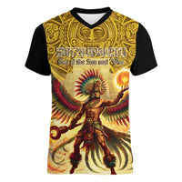 Mexico Panquetzaliztli Women V-Neck T-Shirt Huitzilopochtli - Aztec God of Sun and War - Wonder Print Shop