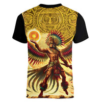 Mexico Panquetzaliztli Women V-Neck T-Shirt Huitzilopochtli - Aztec God of Sun and War - Wonder Print Shop