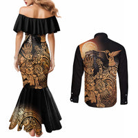 Mexico Warrior Couples Matching Mermaid Dress and Long Sleeve Button Shirt Huitzilopochtli With Aztec Hummingbird