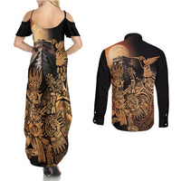 Mexico Warrior Couples Matching Summer Maxi Dress and Long Sleeve Button Shirt Huitzilopochtli With Aztec Hummingbird - Wonder Print Shop