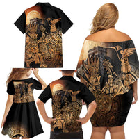 Mexico Warrior Family Matching Off Shoulder Short Dress and Hawaiian Shirt Huitzilopochtli With Aztec Hummingbird - Wonder Print Shop