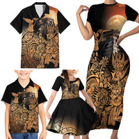 Mexico Warrior Family Matching Short Sleeve Bodycon Dress and Hawaiian Shirt Huitzilopochtli With Aztec Hummingbird - Wonder Print Shop