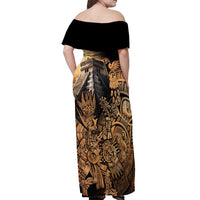 Mexico Warrior Off Shoulder Maxi Dress Huitzilopochtli With Aztec Hummingbird - Wonder Print Shop