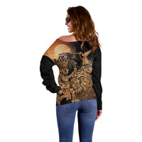 Mexico Warrior Off Shoulder Sweater Huitzilopochtli With Aztec Hummingbird - Wonder Print Shop