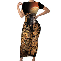 Mexico Warrior Short Sleeve Bodycon Dress Huitzilopochtli With Aztec Hummingbird - Wonder Print Shop