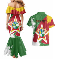 Personalized Suriname Independence Day Couples Matching Mermaid Dress and Hawaiian Shirt Coat Of Arms - Flag Style - Wonder Print Shop