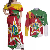 Personalized Suriname Independence Day Couples Matching Off Shoulder Maxi Dress and Long Sleeve Button Shirt Coat Of Arms - Flag Style - Wonder Print Shop