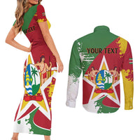 Personalized Suriname Independence Day Couples Matching Short Sleeve Bodycon Dress and Long Sleeve Button Shirt Coat Of Arms - Flag Style - Wonder Print Shop