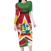Personalized Suriname Independence Day Family Matching Long Sleeve Bodycon Dress and Hawaiian Shirt Coat Of Arms - Flag Style - Wonder Print Shop