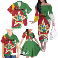 Personalized Suriname Independence Day Family Matching Off The Shoulder Long Sleeve Dress and Hawaiian Shirt Coat Of Arms - Flag Style - Wonder Print Shop