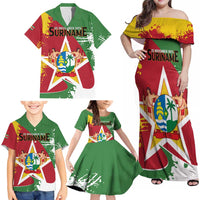 Personalized Suriname Independence Day Family Matching Off Shoulder Maxi Dress and Hawaiian Shirt Coat Of Arms - Flag Style - Wonder Print Shop