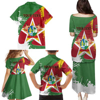 Personalized Suriname Independence Day Family Matching Puletasi and Hawaiian Shirt Coat Of Arms - Flag Style - Wonder Print Shop