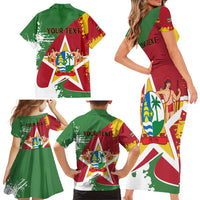 Personalized Suriname Independence Day Family Matching Short Sleeve Bodycon Dress and Hawaiian Shirt Coat Of Arms - Flag Style - Wonder Print Shop
