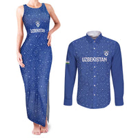 Uzbekistan Football Custom Couples Matching Tank Maxi Dress and Long Sleeve Button Shirt Come On White Wolves Blue - Wonder Print Shop