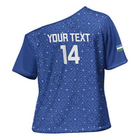 Uzbekistan Football Custom Cross Shoulder Shirt Come On White Wolves Blue - Wonder Print Shop