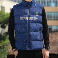 Uzbekistan Football Custom Sleeveless Puffer Jacket Come On White Wolves Blue - Wonder Print Shop