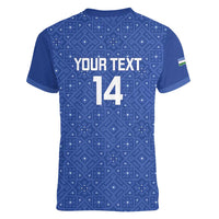 Uzbekistan Football Custom Women V-Neck T-Shirt Come On White Wolves Blue - Wonder Print Shop