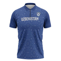 Uzbekistan Football Custom Zipper Polo Shirt Come On White Wolves Blue - Wonder Print Shop