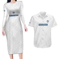 Uzbekistan Football Custom Couples Matching Long Sleeve Bodycon Dress and Hawaiian Shirt Come On White Wolves White - Wonder Print Shop
