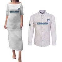 Uzbekistan Football Custom Couples Matching Puletasi and Long Sleeve Button Shirt Come On White Wolves White - Wonder Print Shop