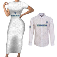 Uzbekistan Football Custom Couples Matching Short Sleeve Bodycon Dress and Long Sleeve Button Shirt Come On White Wolves White - Wonder Print Shop