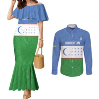 Uzbekistan Football Custom Couples Matching Mermaid Dress and Long Sleeve Button Shirt Come On White Wolves Flag Style - Wonder Print Shop