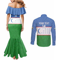 Uzbekistan Football Custom Couples Matching Mermaid Dress and Long Sleeve Button Shirt Come On White Wolves Flag Style - Wonder Print Shop