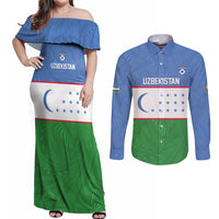 Uzbekistan Football Custom Couples Matching Off Shoulder Maxi Dress and Long Sleeve Button Shirt Come On White Wolves Flag Style - Wonder Print Shop