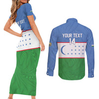 Uzbekistan Football Custom Couples Matching Short Sleeve Bodycon Dress and Long Sleeve Button Shirt Come On White Wolves Flag Style - Wonder Print Shop